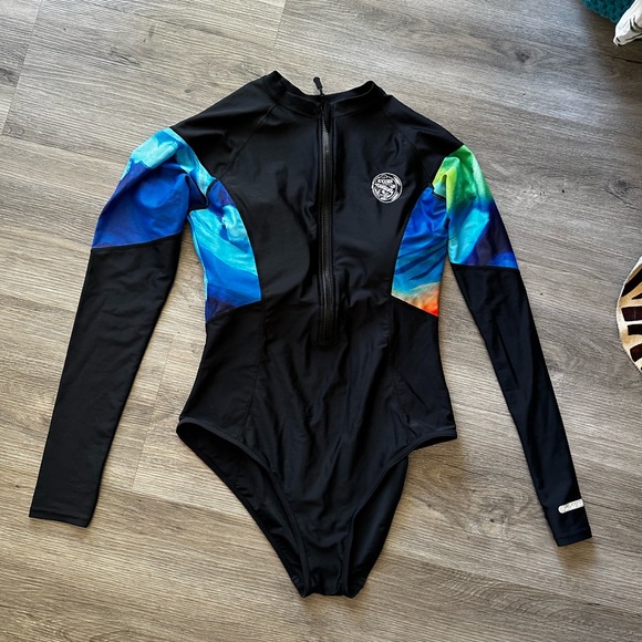 Black and Blue One Piece Swimwear with Color Blocking - Picture 1 of 7
